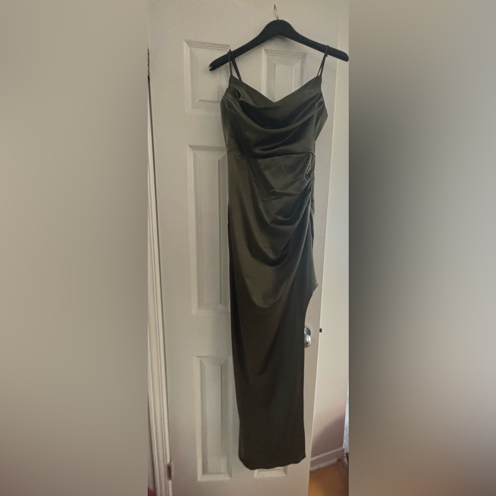 Long satin dress (olive/brown) adjustable spag. straps. Wore once to a wedding